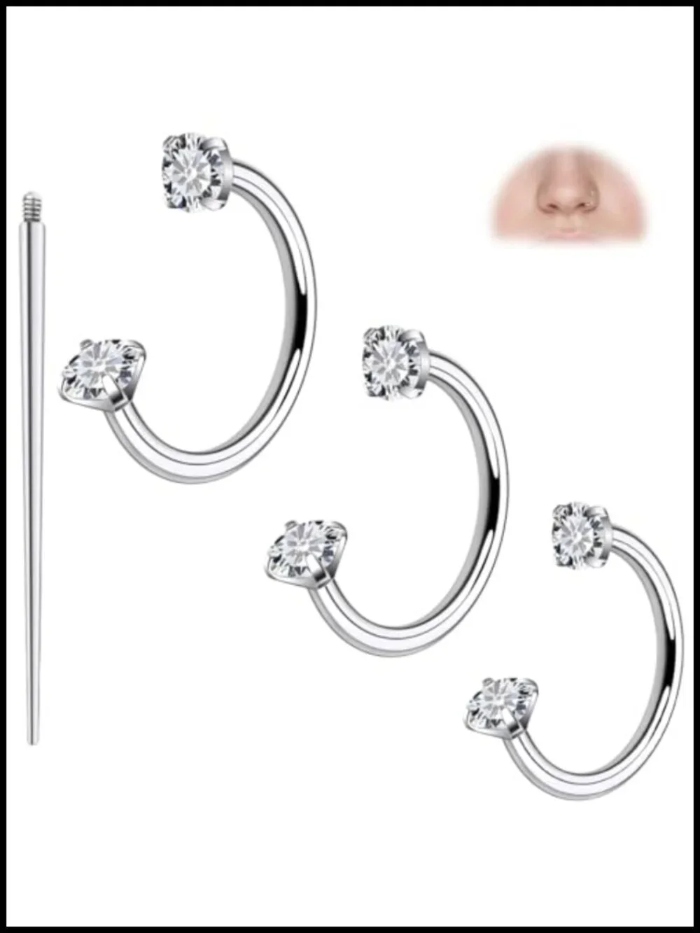 G23 Titanium Horseshoe Nose Ring Set 3 Sizes Internally Threaded CZ Body